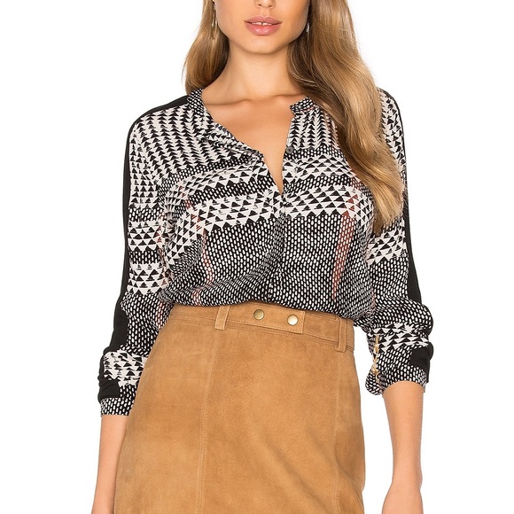 Michael Stars Rib Sleeve Panel Button Blouse, Sz S - Picture 2 of 16